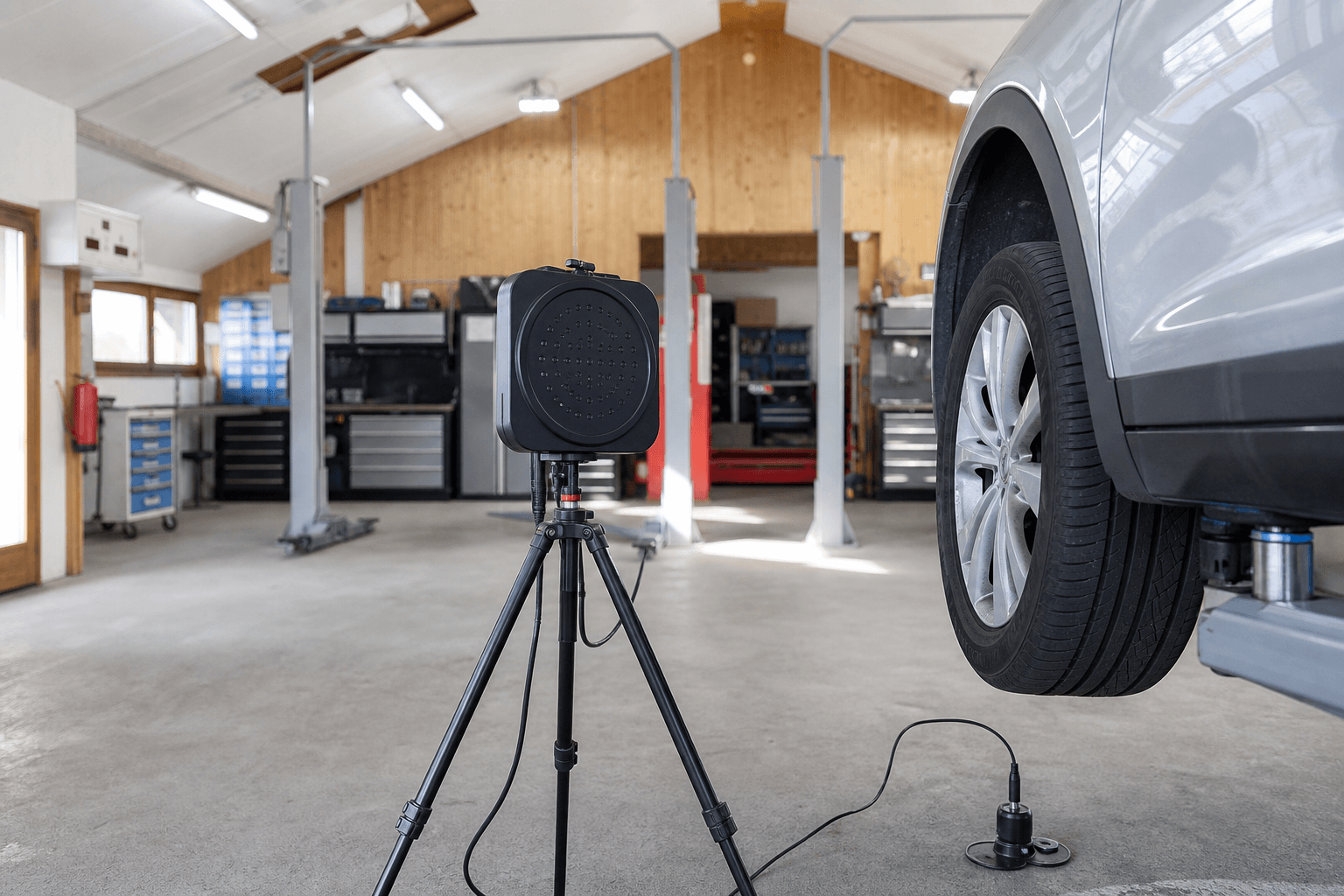 Elektrofahrzeug bei der Geräusch- und Vibrationsdiagnose mit einer Akustikkamera